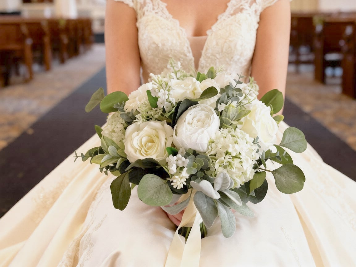 Bride Bouquet White & Sage Green Wedding Bouquet - 16.5" Silk Bridal Bouquet With Real Touch Flowers Artificial Wedding Flowers Bride Bouquet White & Sage Green Wedding Bouquet - 16.5" Silk Bridal Bouquet With Real Touch Flowers Artificial Wedding Flowers