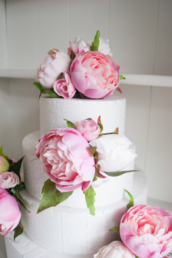 Pink peony cake flowers. Wedding cake topper and sprays.