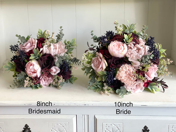 Rustic pink, navy blue and burgundy artificial wedding flowers