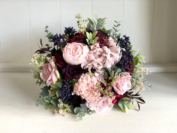 Rustic pink, navy blue and burgundy artificial wedding flowers