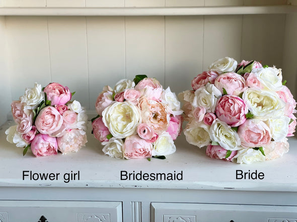 Pink peonies and ivory roses silk wedding bouquet.