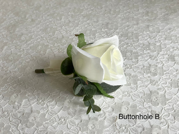 Ivory roses, white hydrangea and eucalyptus wedding flowers