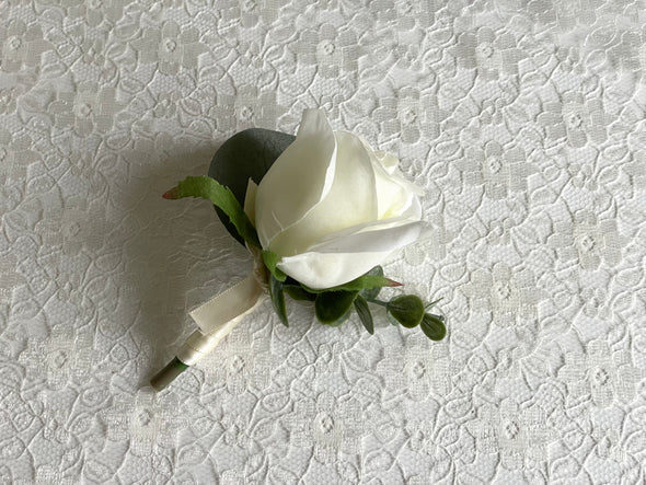Ivory rose and eucalyptus wedding buttonhole