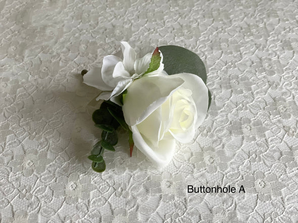Ivory roses, white hydrangea and eucalyptus wedding flowers