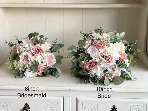 Pink and white artificial wedding flowers. Blush pink and dusky pink roses
