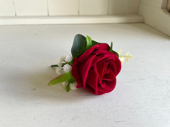 Red rose silk wedding buttonhole / boutonniere.